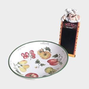 Vintage Heirloom Tomatoes Pattern Ceramic Bowl & Fat Chef Menu Stand